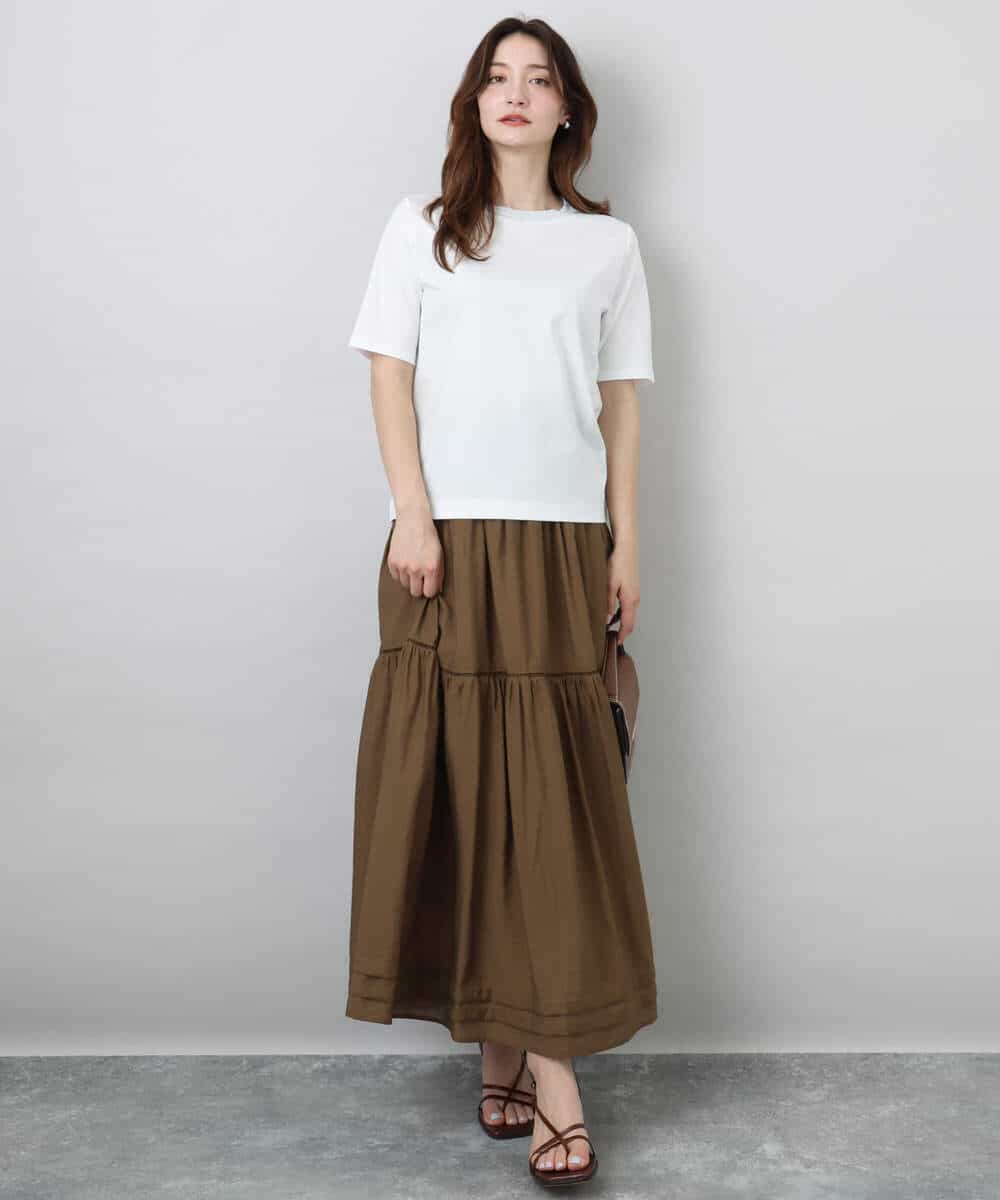 FKKGA50090 MK MICHEL KLEIN(MK ミッシェルクラン) ラメ入りネックデザインTシャツ/接触冷感/洗える ホワイト
