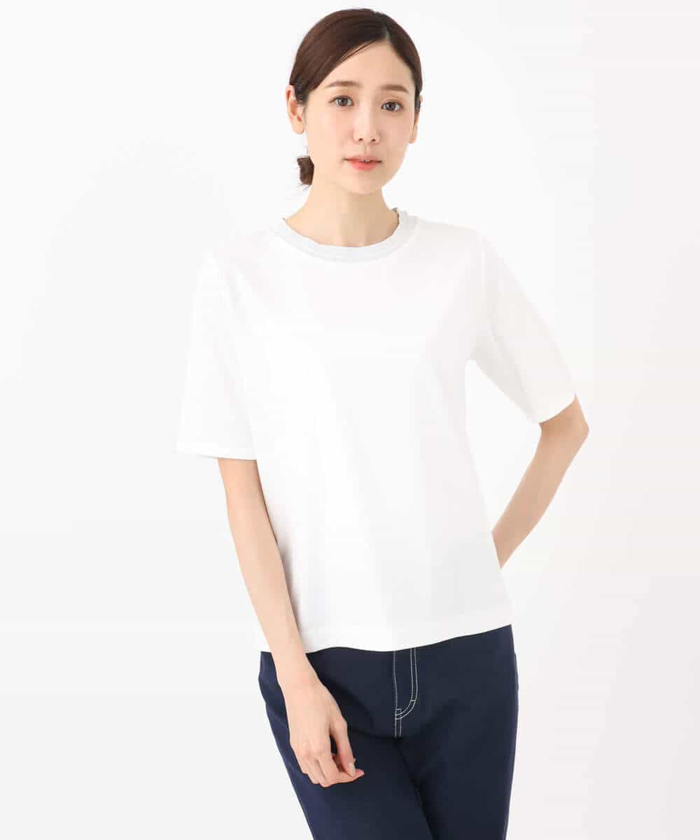 FKKGA50090 MK MICHEL KLEIN(MK ミッシェルクラン) ラメ入りネックデザインTシャツ/接触冷感/洗える ホワイト