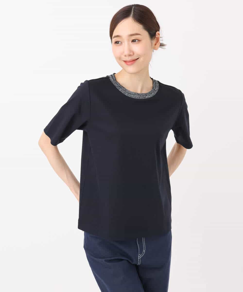 FKKGA50090 MK MICHEL KLEIN(MK ミッシェルクラン) ラメ入りネックデザインTシャツ/接触冷感/洗える ホワイト