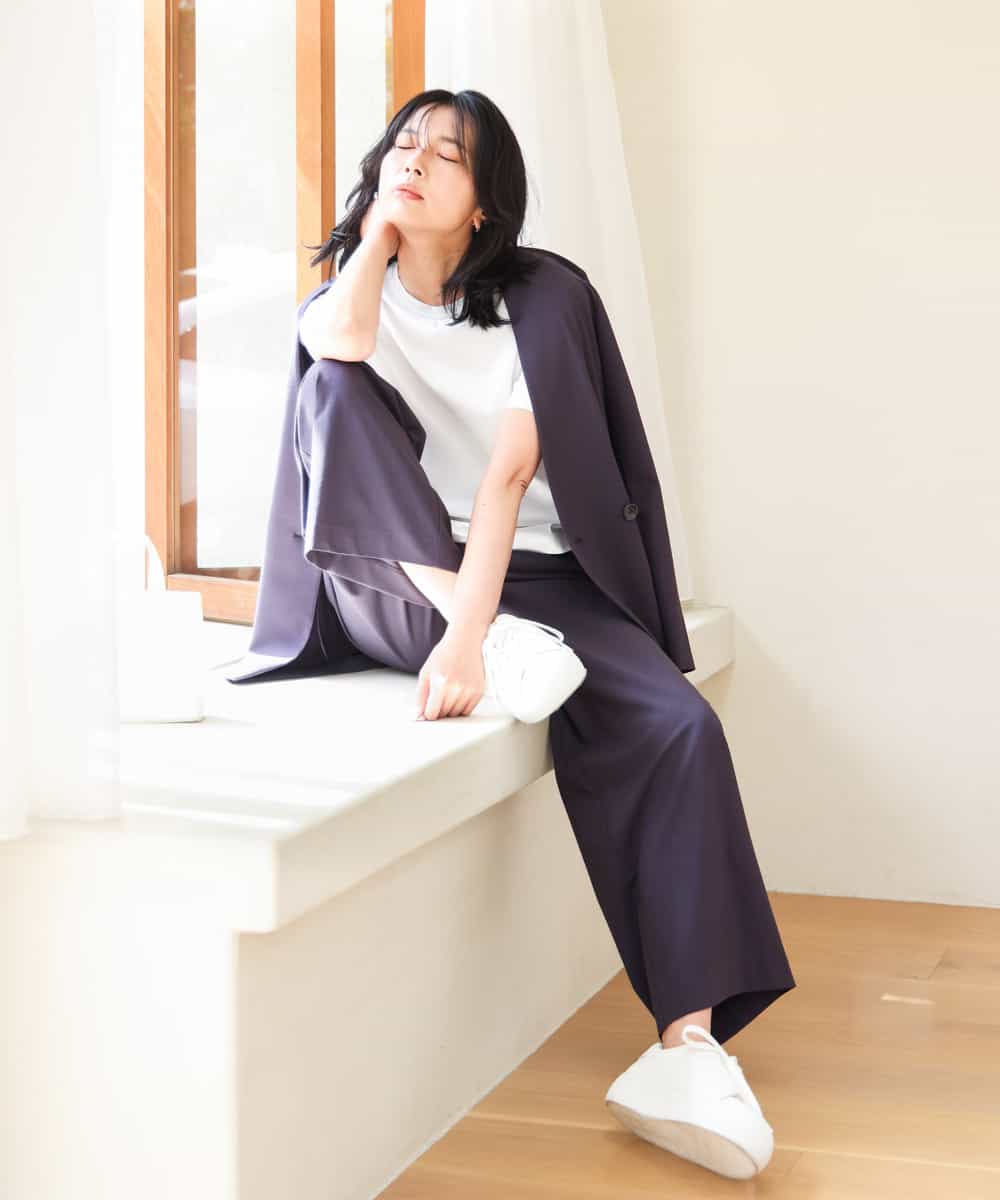 FKKGA50090 MK MICHEL KLEIN(MK ミッシェルクラン) ラメ入りネックデザインTシャツ/接触冷感/洗える ホワイト