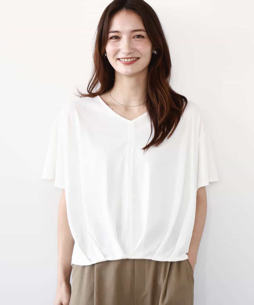 FKKGA54100 MK MICHEL KLEIN(MK ミッシェルクラン) タックヘムデザインVネックカットソー/接触冷感/UVカット/洗える ブルー
