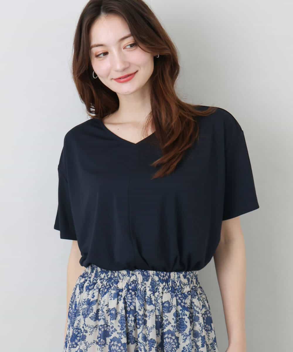 FKKGA54100 MK MICHEL KLEIN(MK ミッシェルクラン) タックヘムデザインVネックカットソー/接触冷感/UVカット/洗える ブルー