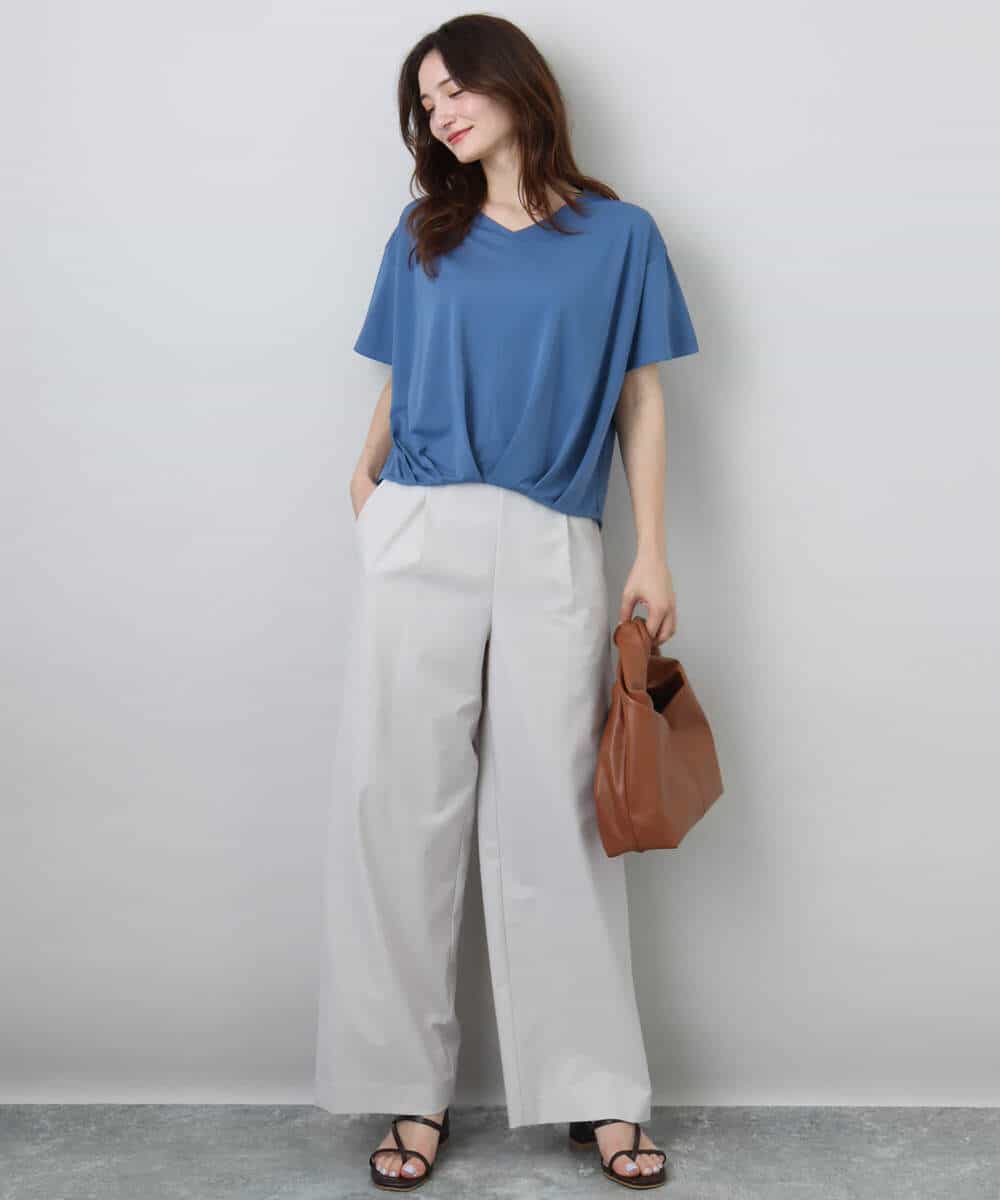 FKKGA54100 MK MICHEL KLEIN(MK ミッシェルクラン) タックヘムデザインVネックカットソー/接触冷感/UVカット/洗える ブルー