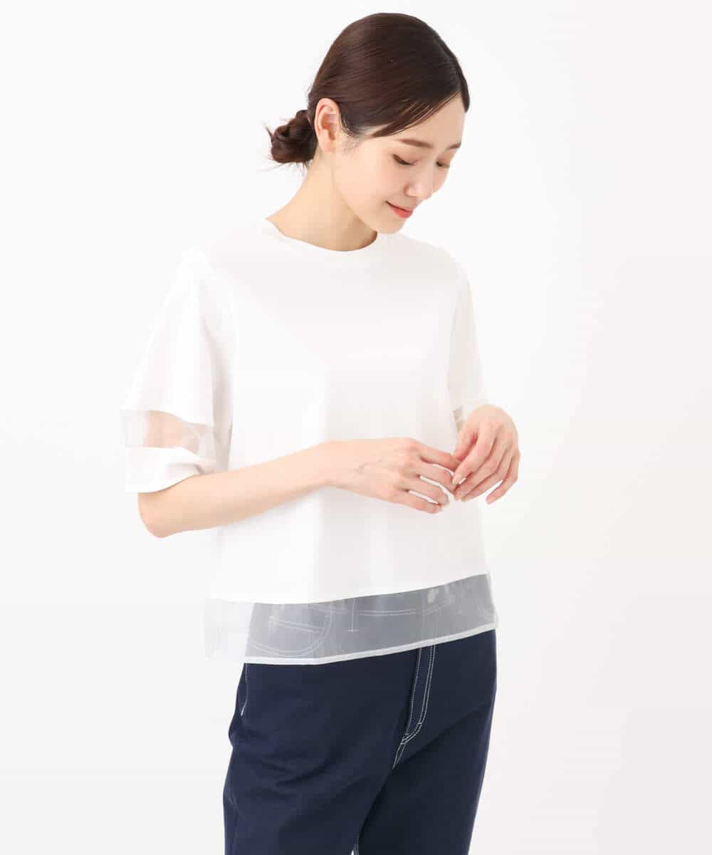 FKKGA56110 MK MICHEL KLEIN(MK ミッシェルクラン) シアー切替えランタンスリーブカットソー/接触冷感/洗える ライトブルー