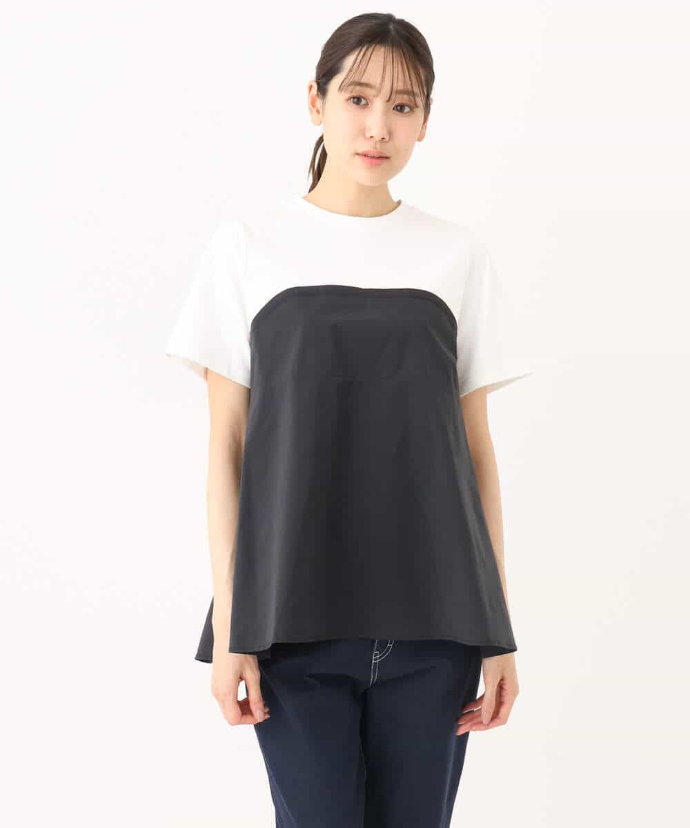 FKKGC41120 MK MICHEL KLEIN(MK ミッシェルクラン) ビスチェレイヤード風フレアーTシャツ(無地)/洗える ホワイト×チャコール