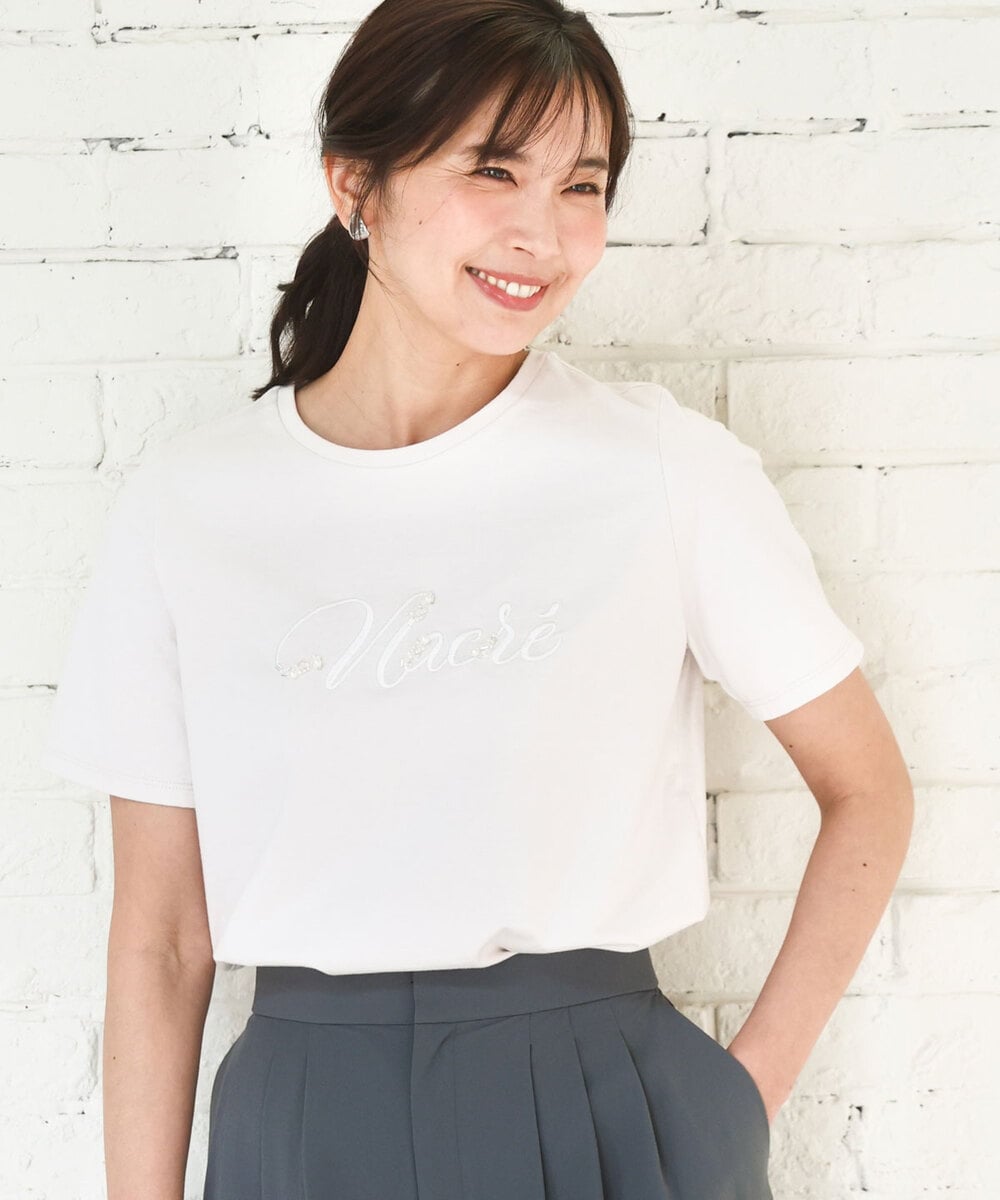 FKKGD30090 MK MICHEL KLEIN(MK ミッシェルクラン) [洗える]ビーズ刺繍ロゴTシャツ ベージュ