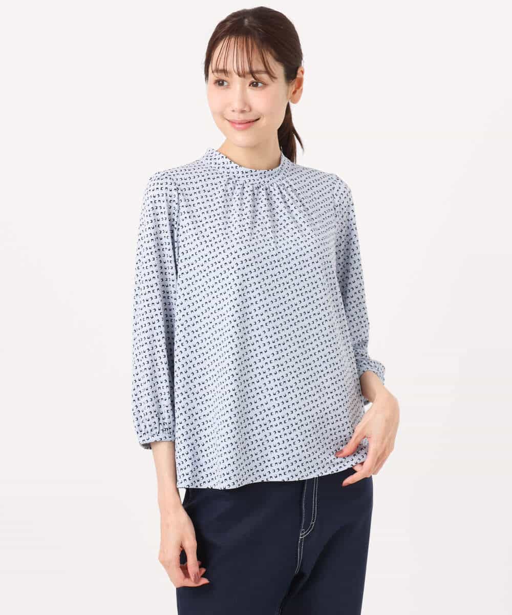 FKKGD31140 MK MICHEL KLEIN(MK ミッシェルクラン) 幾何柄ボウタイジャージーカットソー/洗える ライトブルー