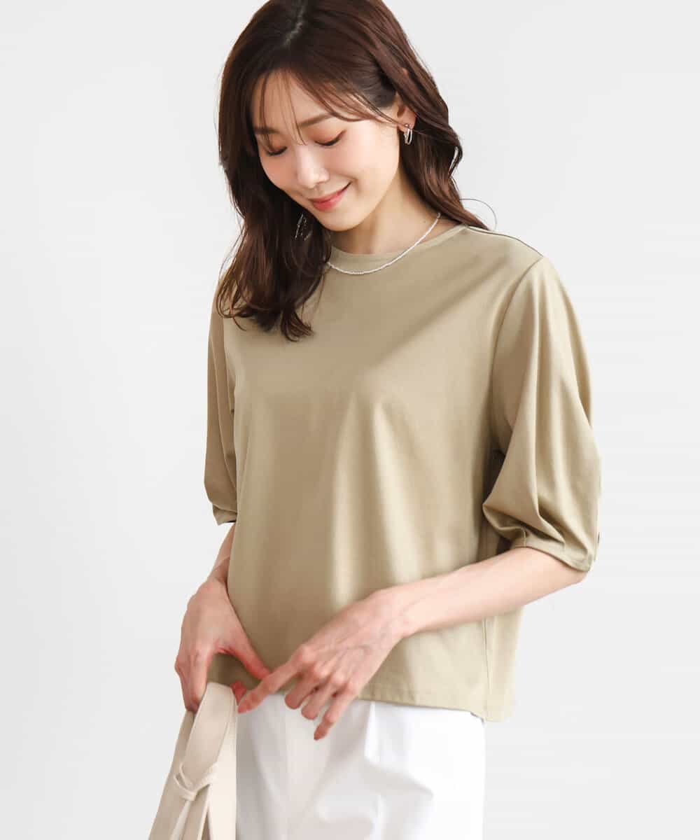 FKKGD51120 MK MICHEL KLEIN(MK ミッシェルクラン) [接触冷感/洗える]シルケットスムース タックスリーブカットソー カーキベージュ