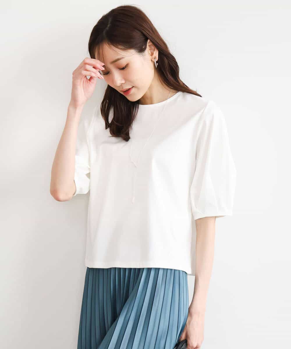 FKKGD51120 MK MICHEL KLEIN(MK ミッシェルクラン) [接触冷感/洗える]シルケットスムース タックスリーブカットソー ホワイト