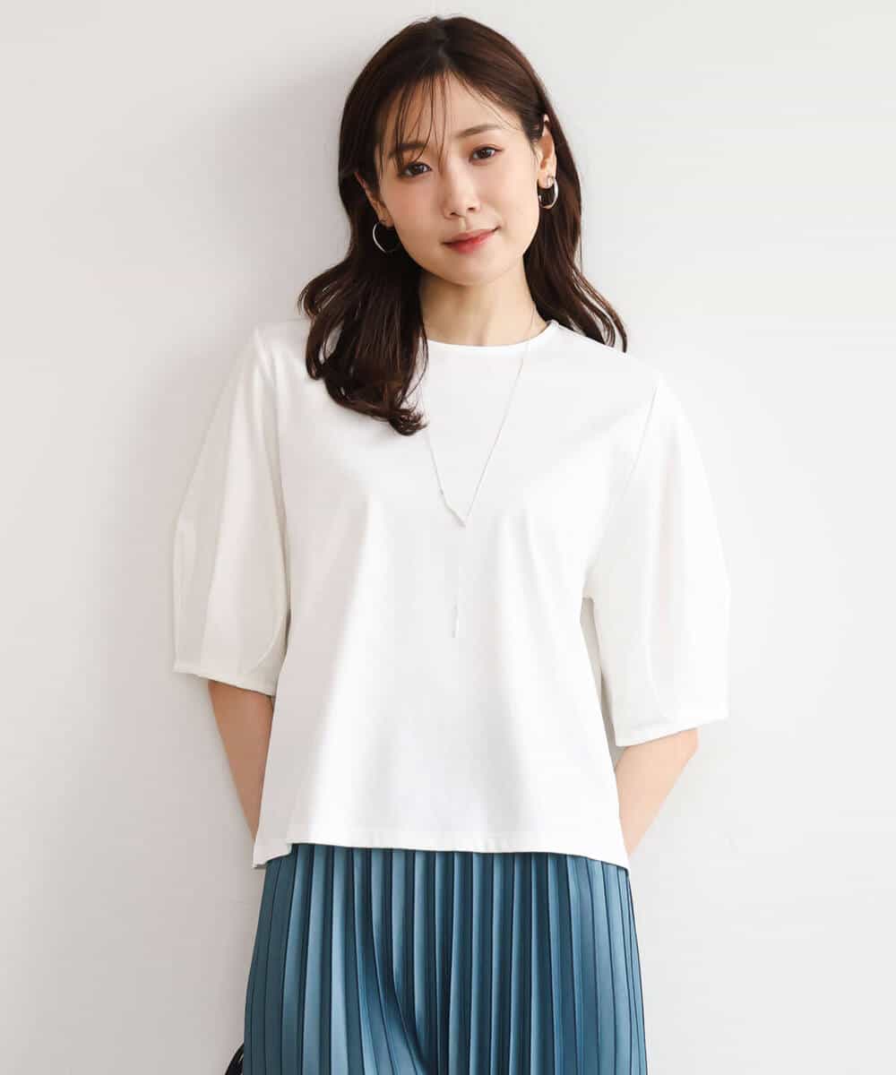 FKKGD51120 MK MICHEL KLEIN(MK ミッシェルクラン) [接触冷感/洗える]シルケットスムース タックスリーブカットソー ホワイト