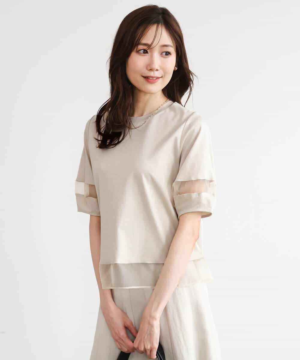 FKKGD56110 MK MICHEL KLEIN(MK ミッシェルクラン) [洗える]シアー切替えランタンスリーブカットソー ベージュ