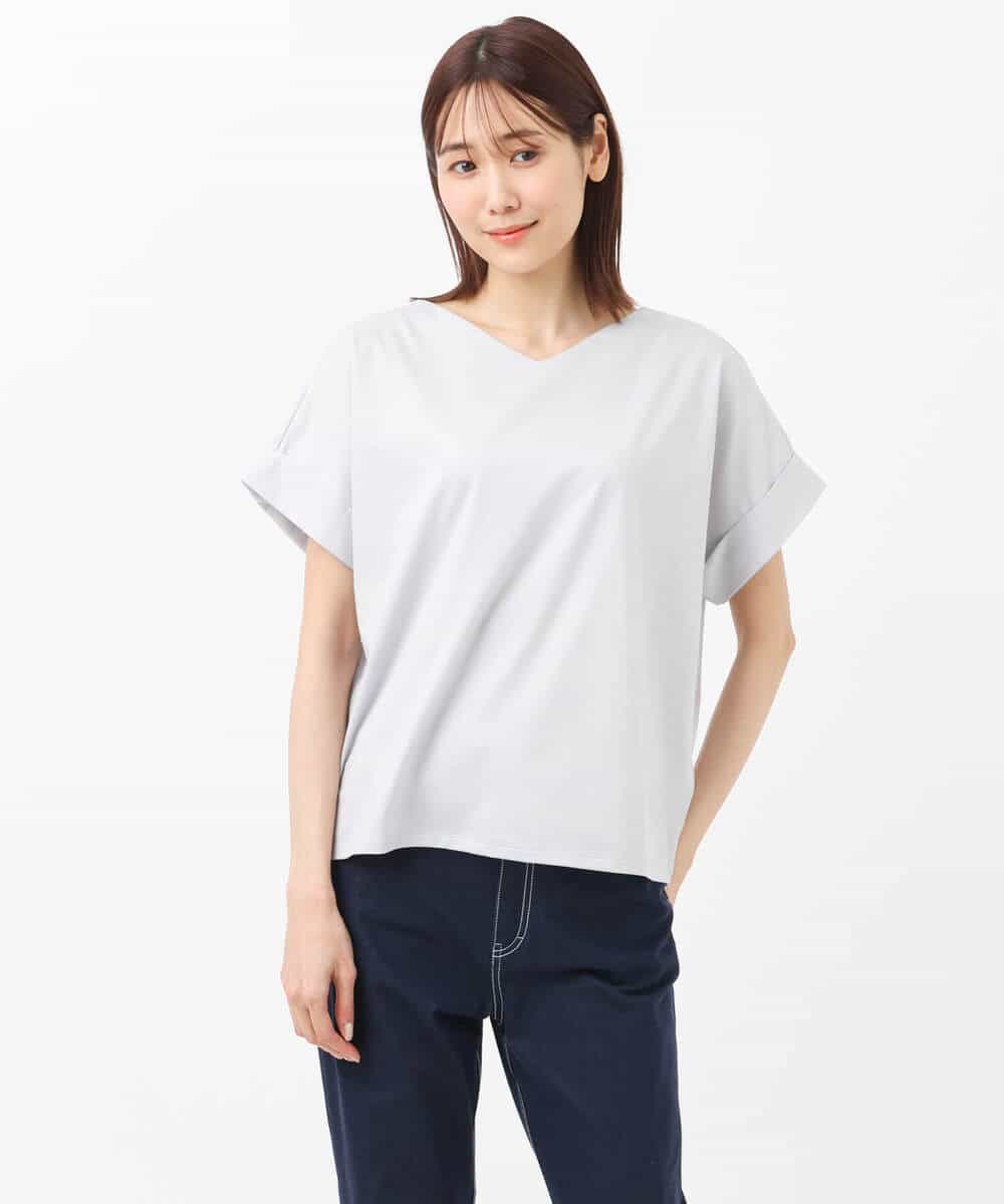 FKKGS07095 MK MICHEL KLEIN(MK ミッシェルクラン) ストライプカットソー/洗える ライトグレー