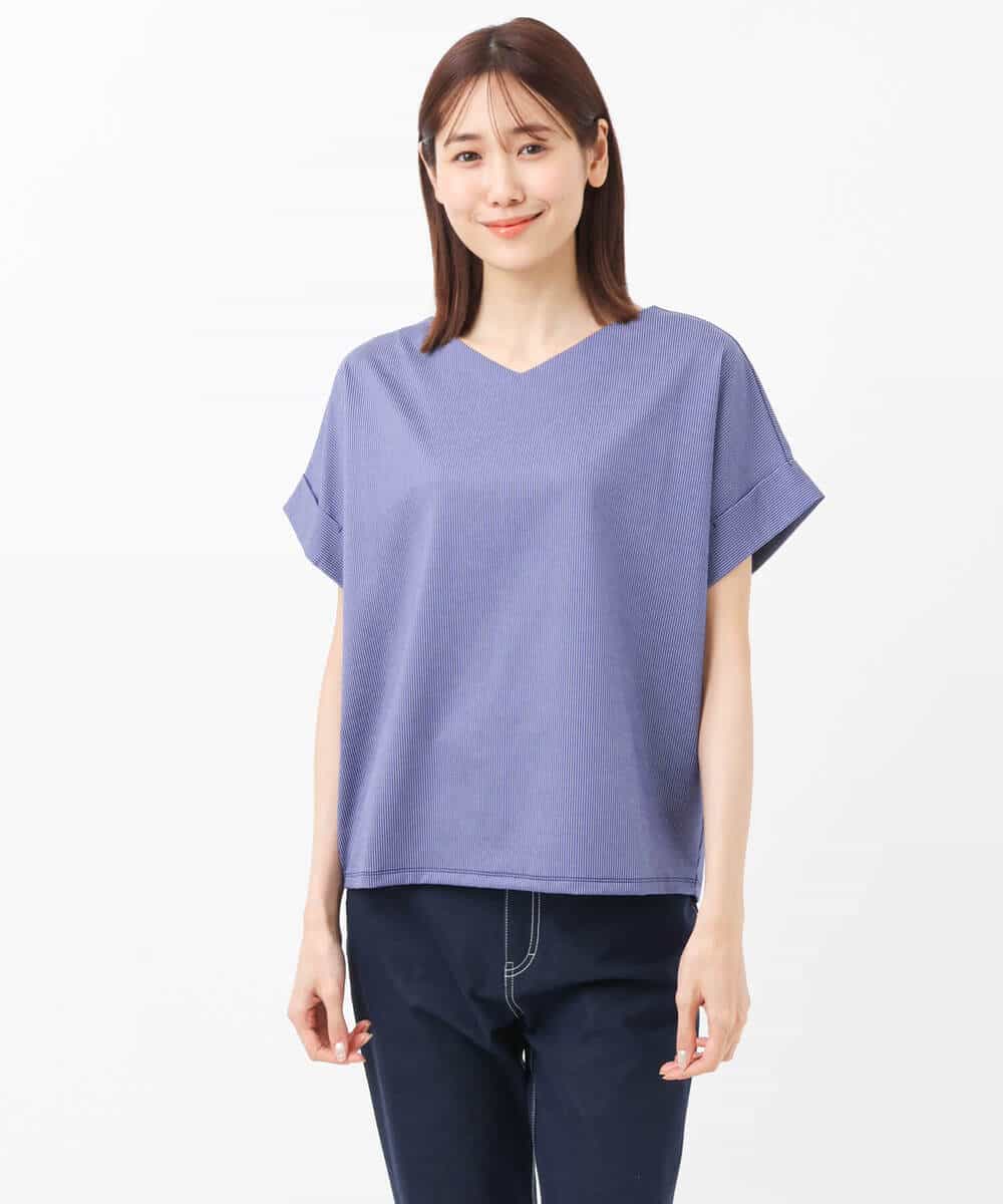 FKKGS07095 MK MICHEL KLEIN(MK ミッシェルクラン) ストライプカットソー/洗える ライトグレー