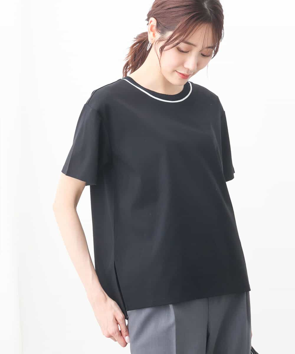 FKKGV50090 MK MICHEL KLEIN(MK ミッシェルクラン) 配色ネックデザインTシャツ/接触冷感/洗える ブラック