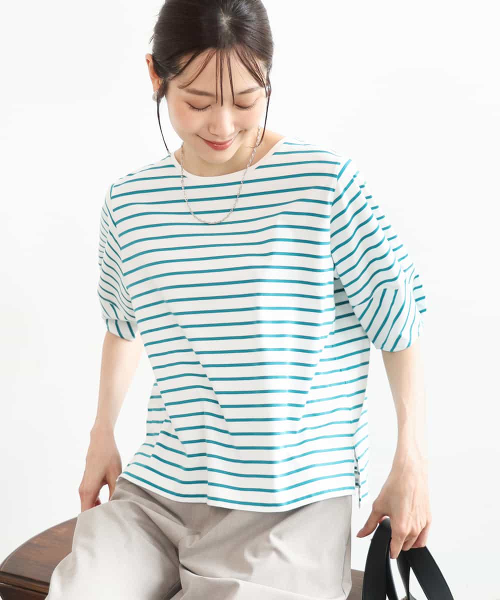 FKKID70120 MK MICHEL KLEIN(MK ミッシェルクラン) [接触冷感/洗える]ランタンスリーブボーダーカットソー グリーン