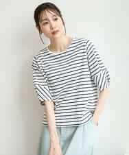 FKKID70120 MK MICHEL KLEIN(MK ミッシェルクラン) [接触冷感/洗える]ランタンスリーブボーダーカットソー ネイビー