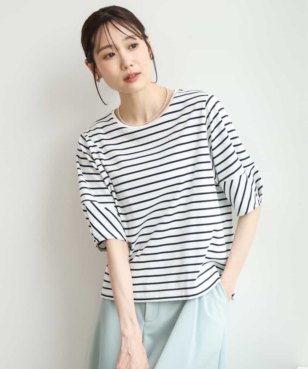FKKID70120 MK MICHEL KLEIN(MK ミッシェルクラン) [接触冷感/洗える]ランタンスリーブボーダーカットソー ネイビー
