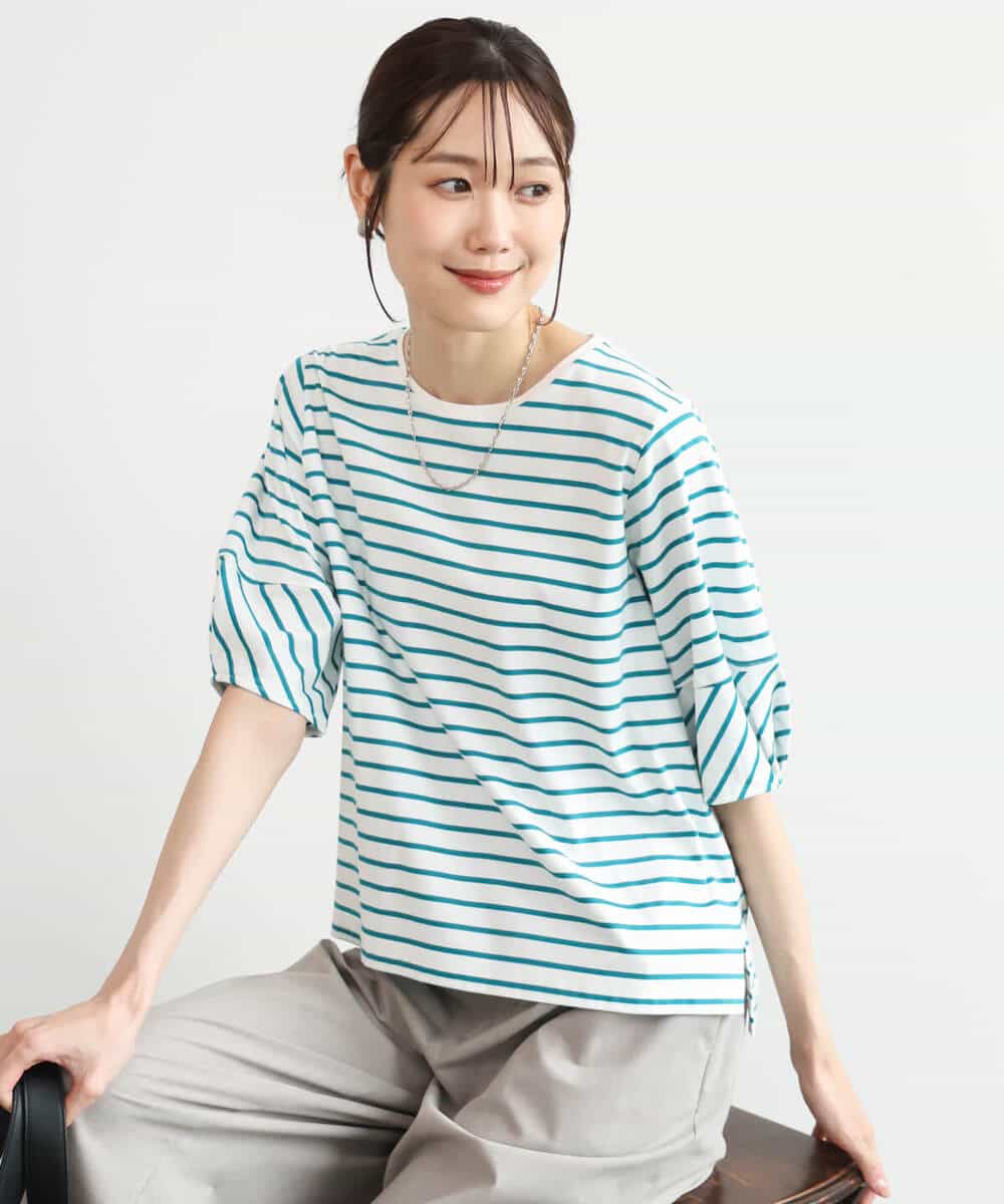 FKKID70120 MK MICHEL KLEIN(MK ミッシェルクラン) [接触冷感/洗える]ランタンスリーブボーダーカットソー ネイビー