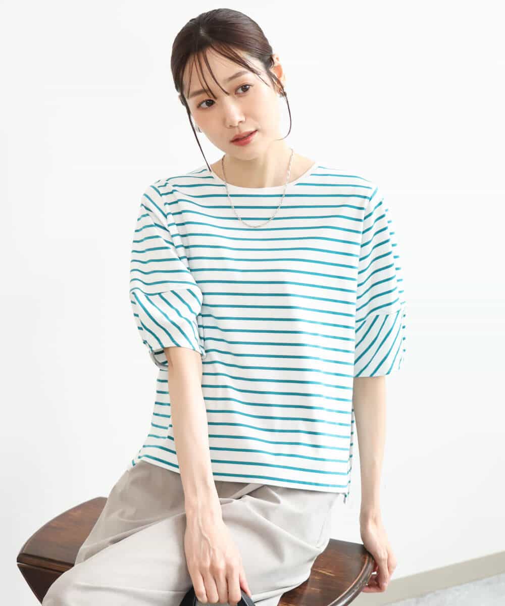 FKKID70120 MK MICHEL KLEIN(MK ミッシェルクラン) [接触冷感/洗える]ランタンスリーブボーダーカットソー ネイビー