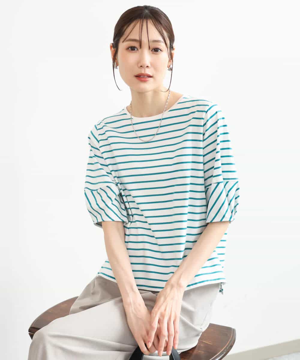 FKKID70120 MK MICHEL KLEIN(MK ミッシェルクラン) [接触冷感/洗える]ランタンスリーブボーダーカットソー ネイビー