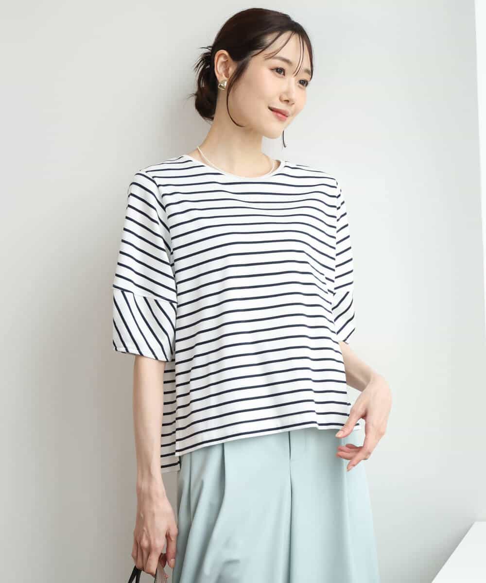 FKKID70120 MK MICHEL KLEIN(MK ミッシェルクラン) [接触冷感/洗える]ランタンスリーブボーダーカットソー ネイビー