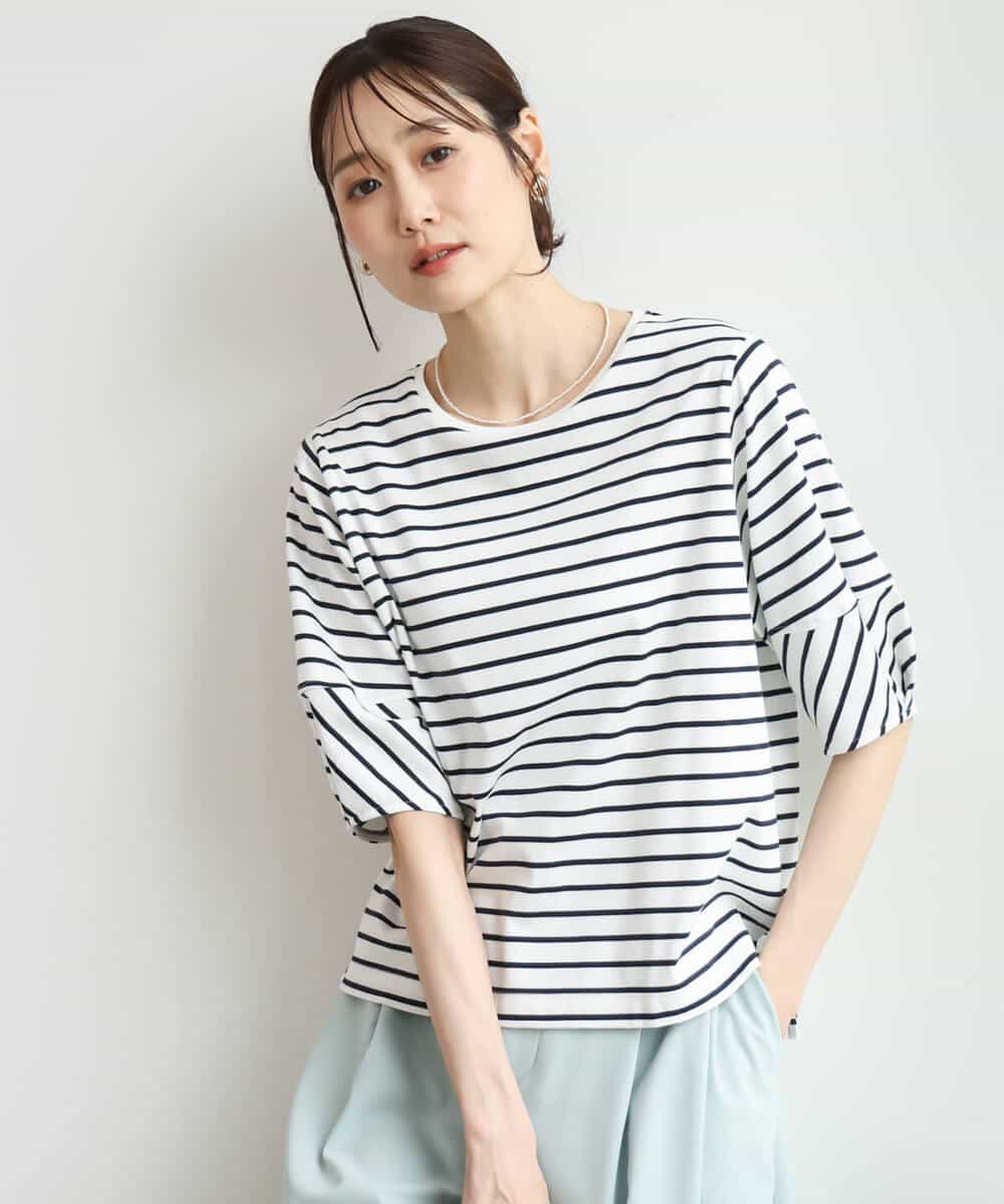 FKKID70120 MK MICHEL KLEIN(MK ミッシェルクラン) [接触冷感/洗える]ランタンスリーブボーダーカットソー ネイビー