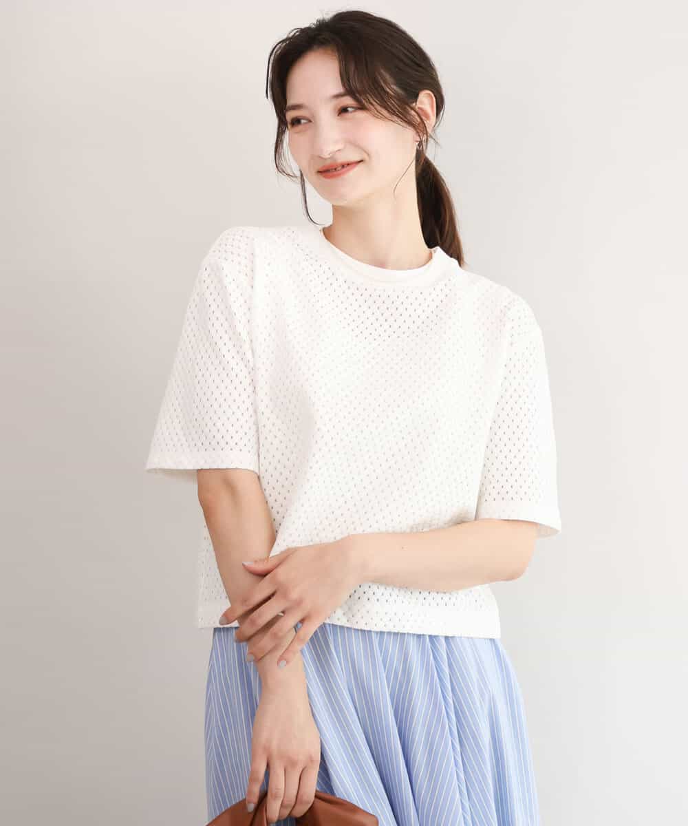 FKKID72110 MK MICHEL KLEIN(MK ミッシェルクラン) [洗える]ドット調アイレット レースTシャツ ホワイト