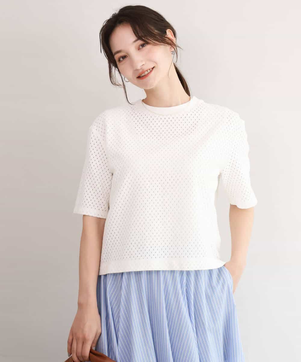 FKKID72110 MK MICHEL KLEIN(MK ミッシェルクラン) [洗える]ドット調アイレット レースTシャツ ホワイト