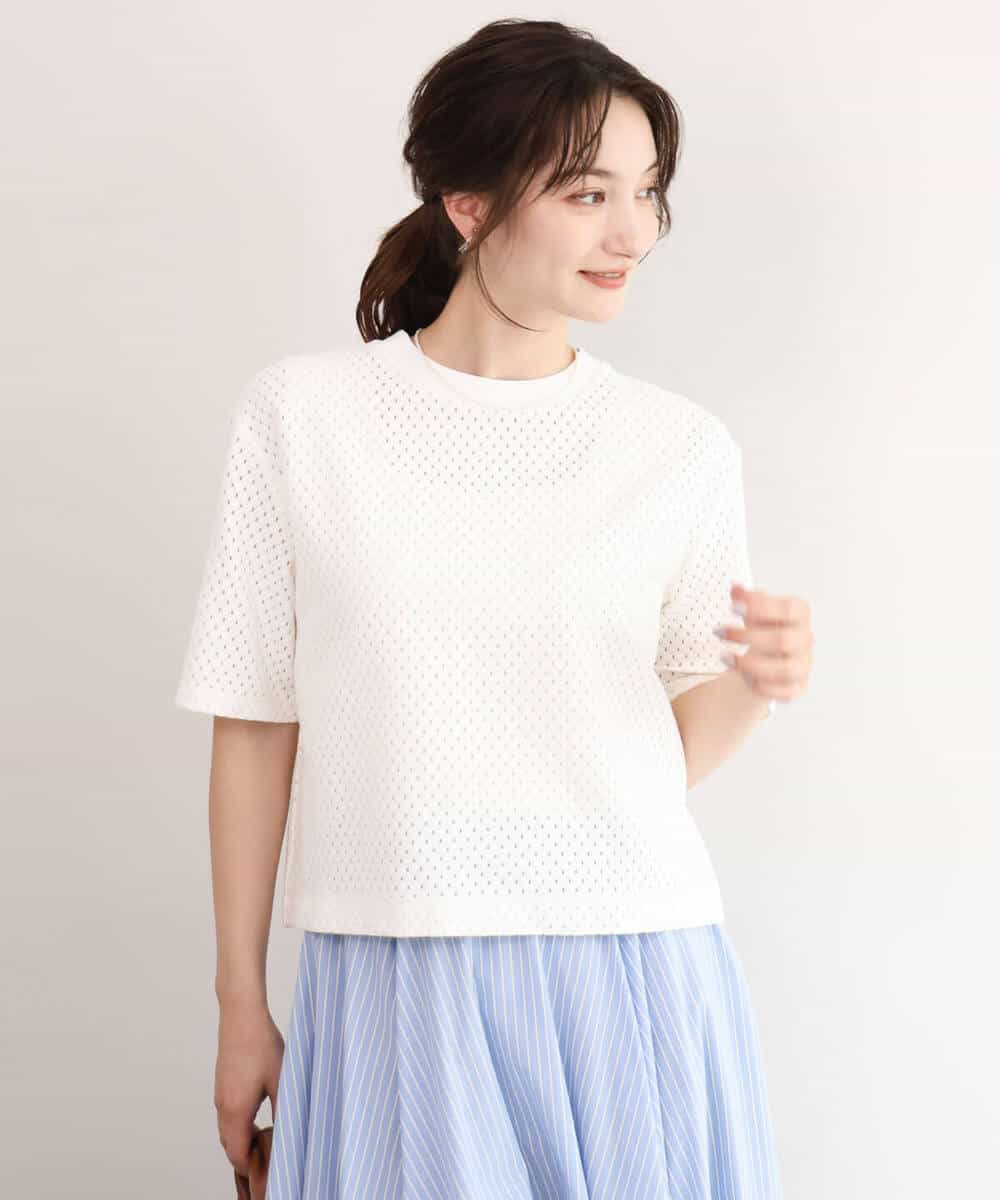 FKKID72110 MK MICHEL KLEIN(MK ミッシェルクラン) [洗える]ドット調アイレット レースTシャツ ホワイト