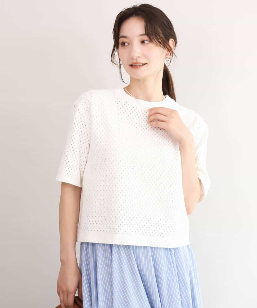 FKKID72110 MK MICHEL KLEIN(MK ミッシェルクラン) [洗える]ドット調アイレット レースTシャツ ホワイト