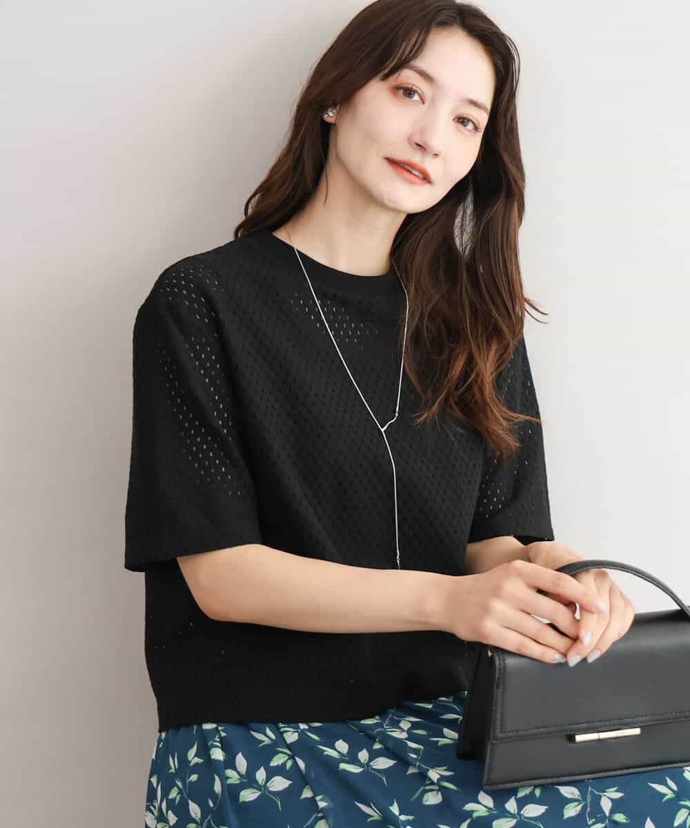 FKKID72110 MK MICHEL KLEIN(MK ミッシェルクラン) [洗える]ドット調アイレット レースTシャツ ブラック
