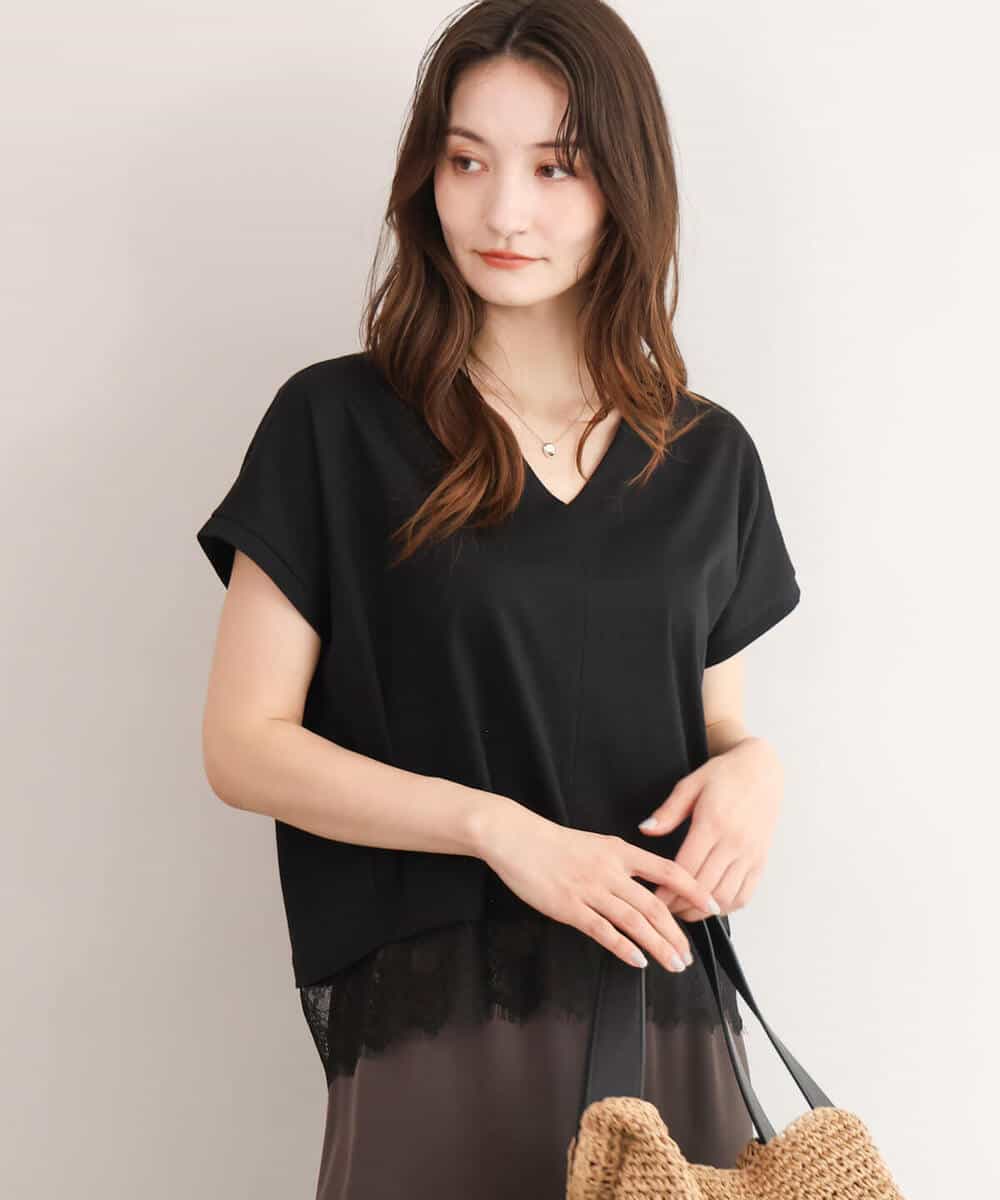 FKKID73120 MK MICHEL KLEIN(MK ミッシェルクラン) [接触冷感/洗える]ヘムレースデザインVネックカットソー ホワイト