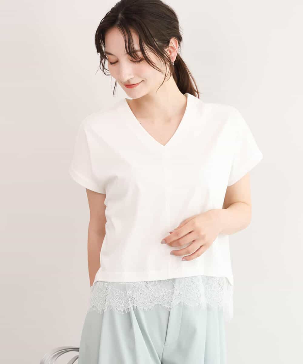 FKKID73120 MK MICHEL KLEIN(MK ミッシェルクラン) [接触冷感/洗える]ヘムレースデザインVネックカットソー ホワイト