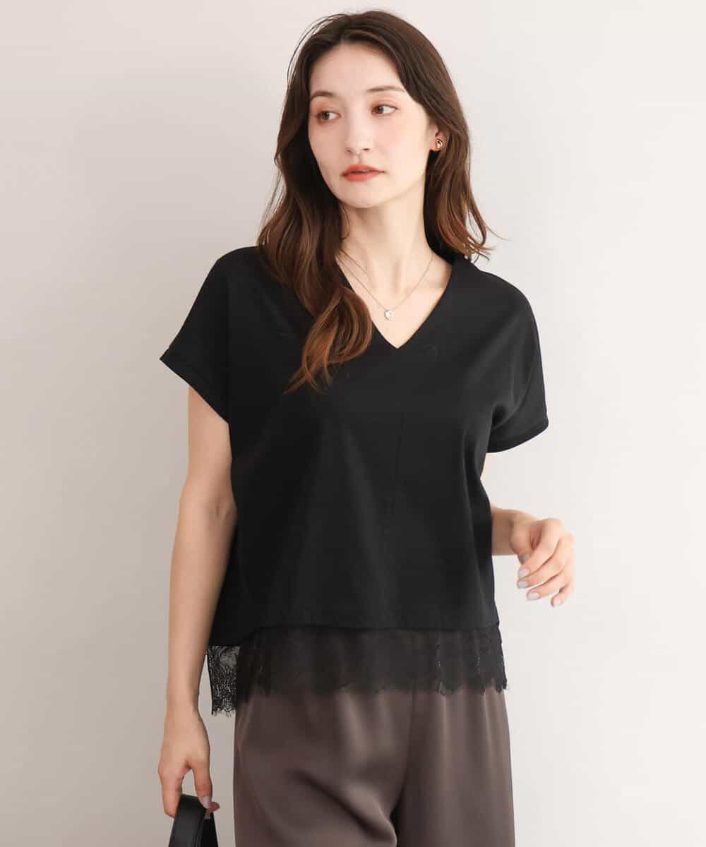 FKKID73120 MK MICHEL KLEIN(MK ミッシェルクラン) [接触冷感/洗える]ヘムレースデザインVネックカットソー ブラック