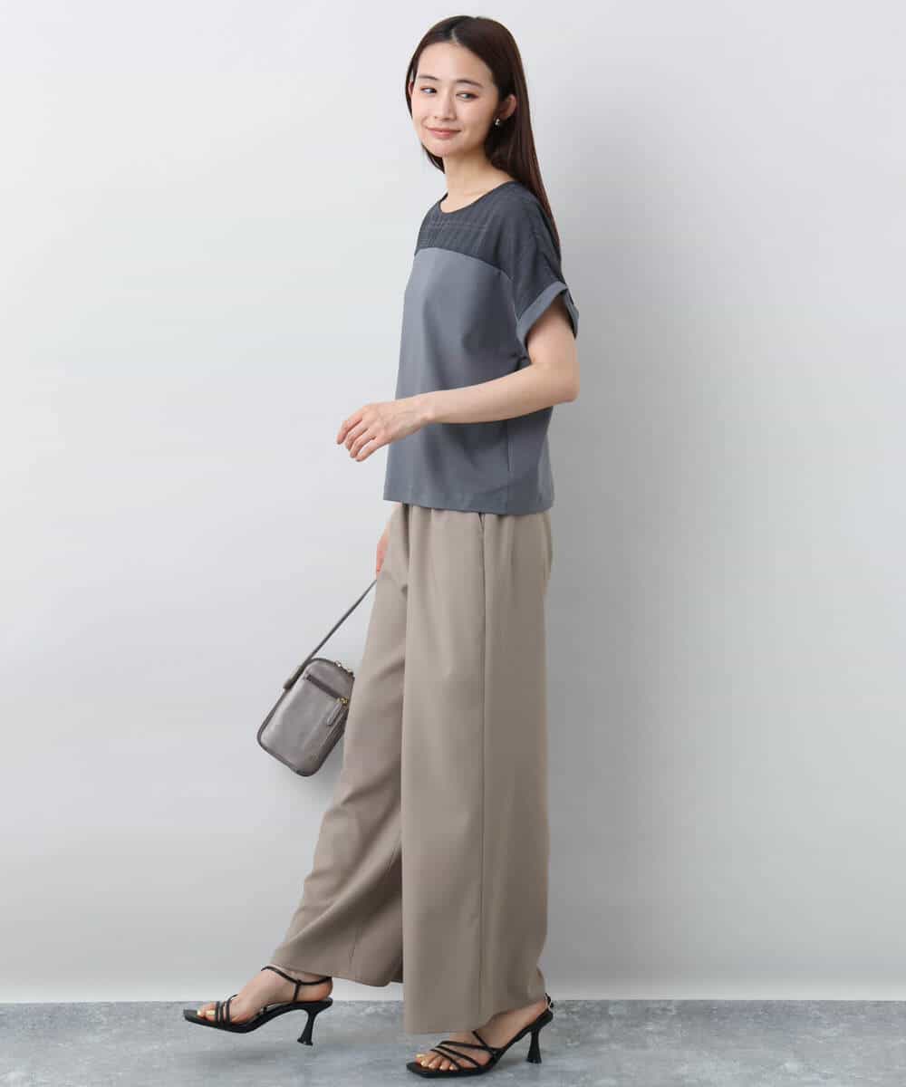 FKKJA71120 MK MICHEL KLEIN(MK ミッシェルクラン) シアーチェック切替えカットソー/洗える ライトグレー×アイボリー