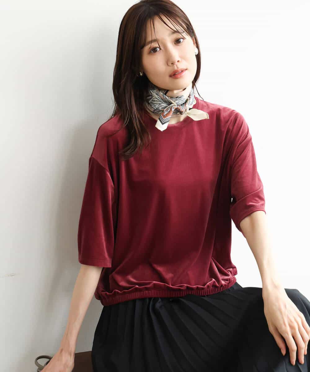 FKKJD25110 MK MICHEL KLEIN(MK ミッシェルクラン) [洗える]シアーベロア 五分袖カットソー モカベージュ