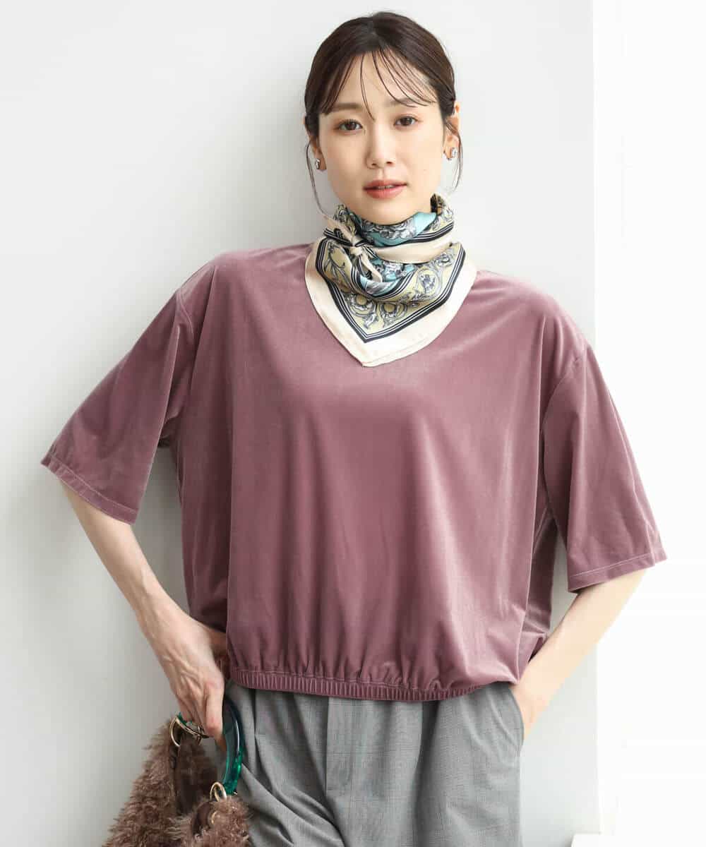 FKKJD25110 MK MICHEL KLEIN(MK ミッシェルクラン) [洗える]シアーベロア 五分袖カットソー モカベージュ
