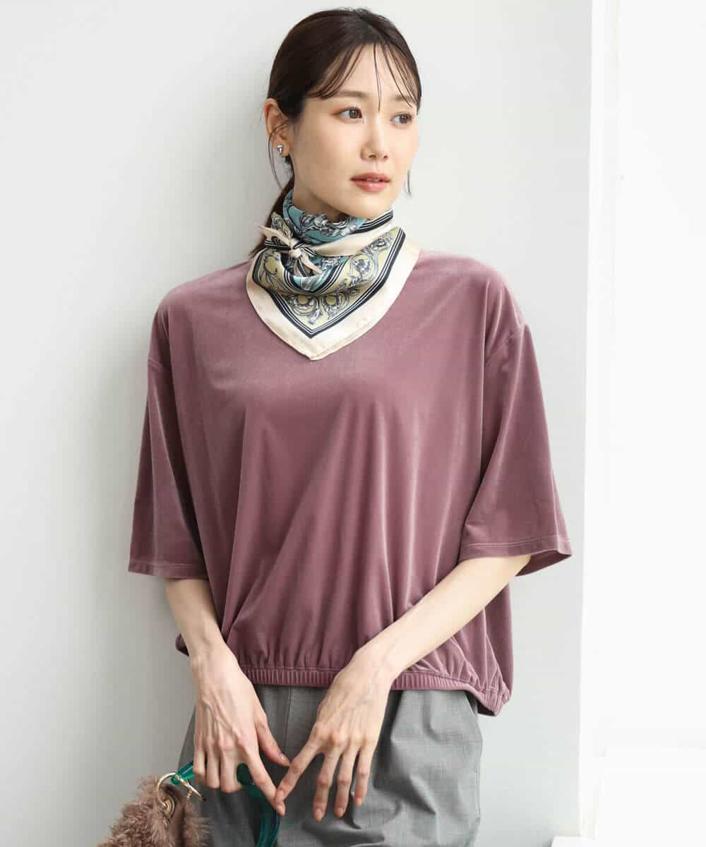 FKKJD25110 MK MICHEL KLEIN(MK ミッシェルクラン) [洗える]シアーベロア 五分袖カットソー モカベージュ