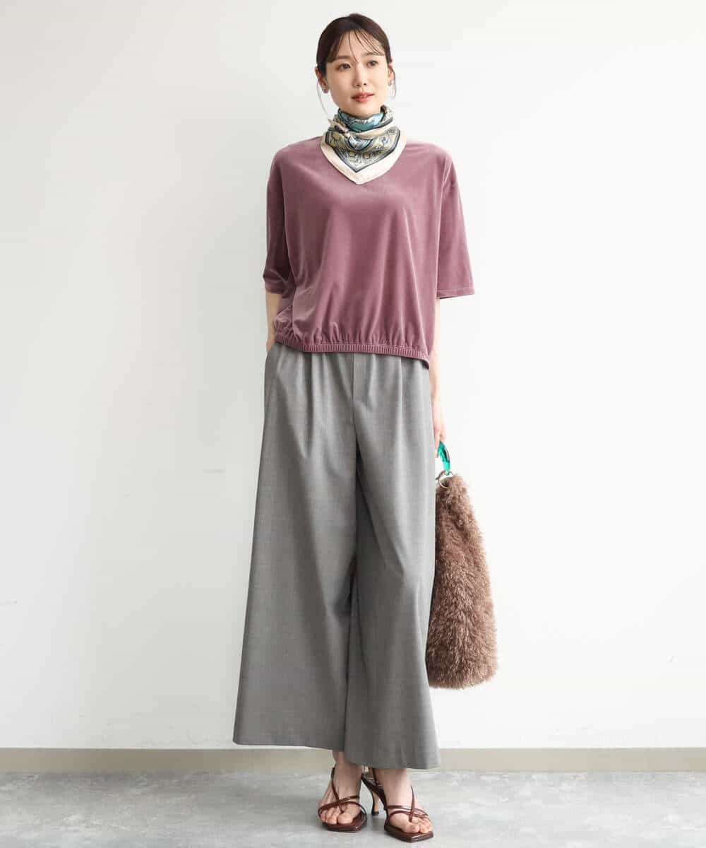 FKKJD25110 MK MICHEL KLEIN(MK ミッシェルクラン) [洗える]シアーベロア 五分袖カットソー モカベージュ