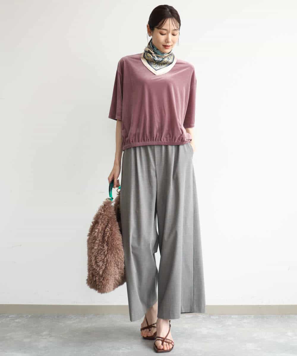 FKKJD25110 MK MICHEL KLEIN(MK ミッシェルクラン) [洗える]シアーベロア 五分袖カットソー モカベージュ