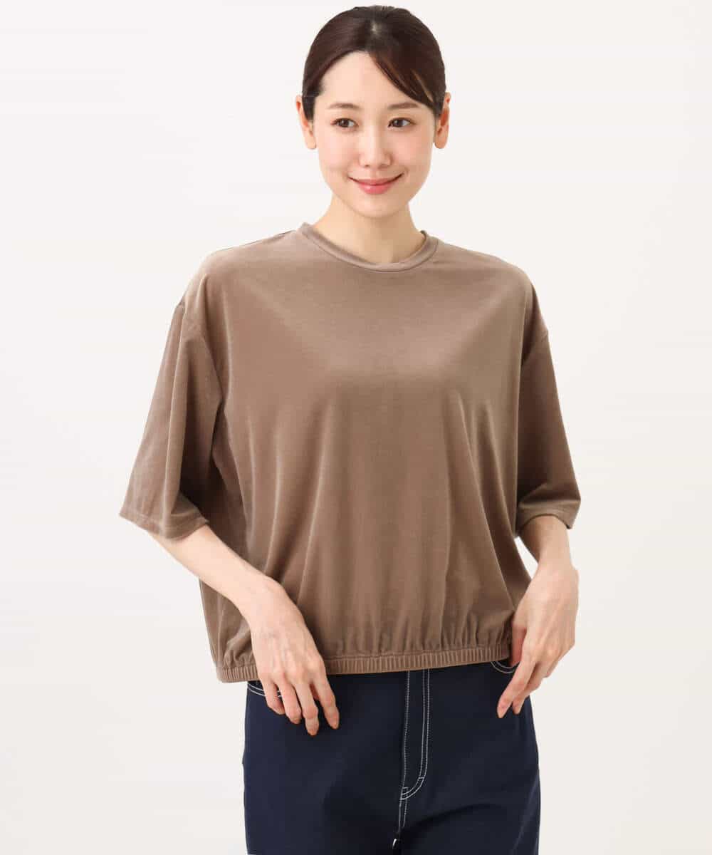 FKKJD25110 MK MICHEL KLEIN(MK ミッシェルクラン) [洗える]シアーベロア 五分袖カットソー モカベージュ