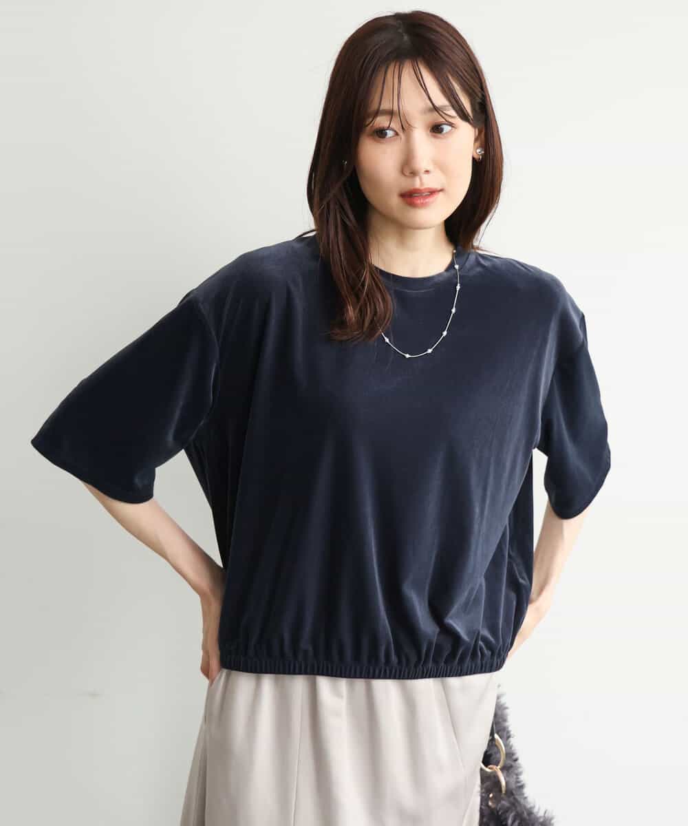 FKKJD25110 MK MICHEL KLEIN(MK ミッシェルクラン) [洗える]シアーベロア 五分袖カットソー ネイビー