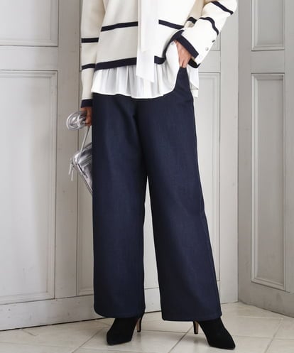 FKLAD52180 MK MICHEL KLEIN 裏起毛ブーツカットシルエットデニムワイドパンツ/洗える