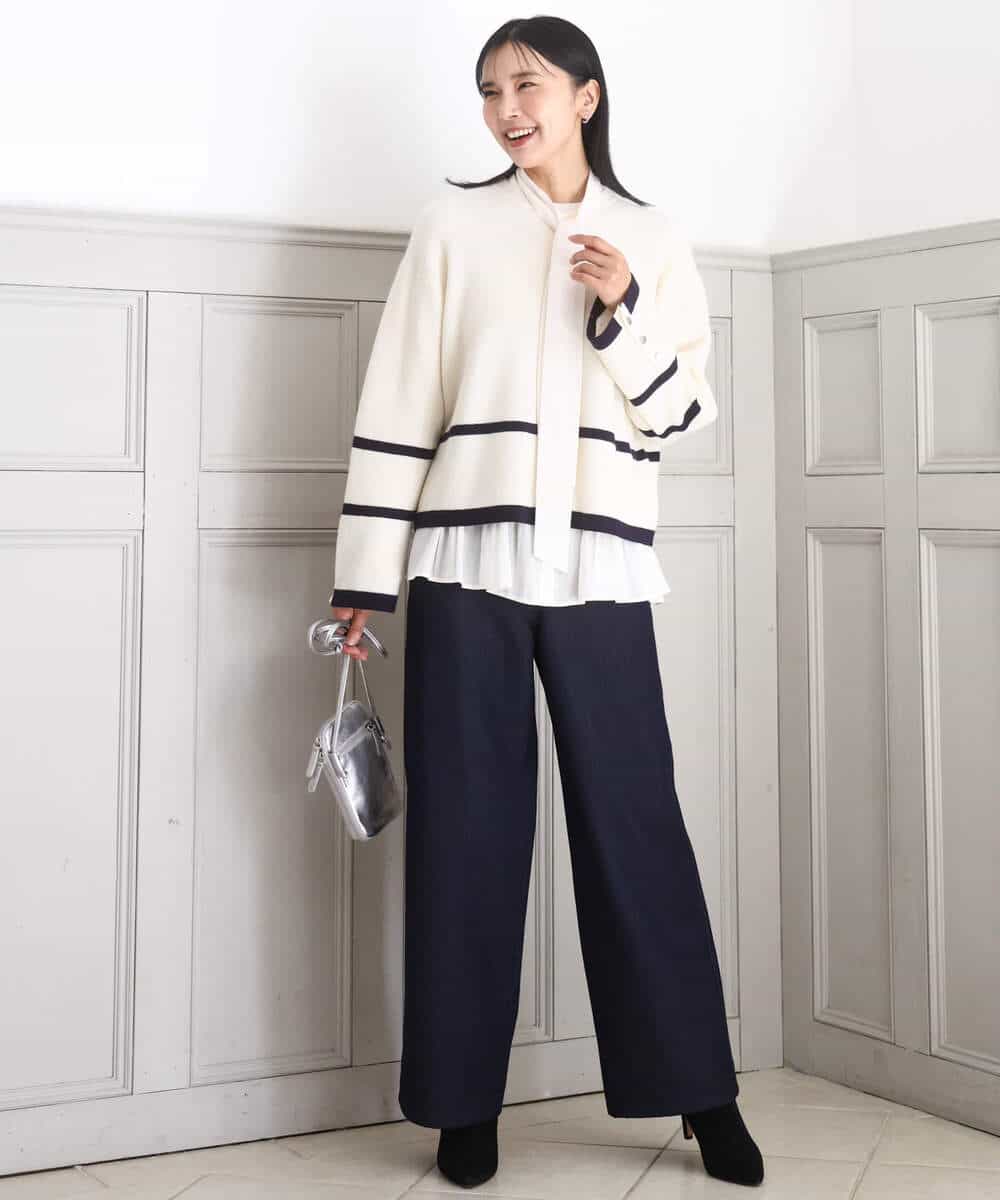 FKLAD52180 MK MICHEL KLEIN(MK ミッシェルクラン) 裏起毛ブーツカットシルエットデニムワイドパンツ/洗える ネイビー