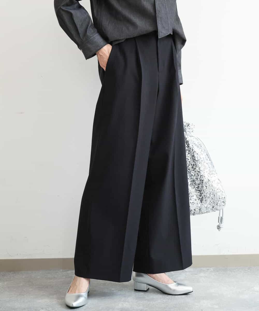 FKLAH55160 MK MICHEL KLEIN(MK ミッシェルクラン) [洗える/イージーケア/抗ピリング/ナチュラルストレッチ]センタープレスワイドパンツ（無地） ブラック