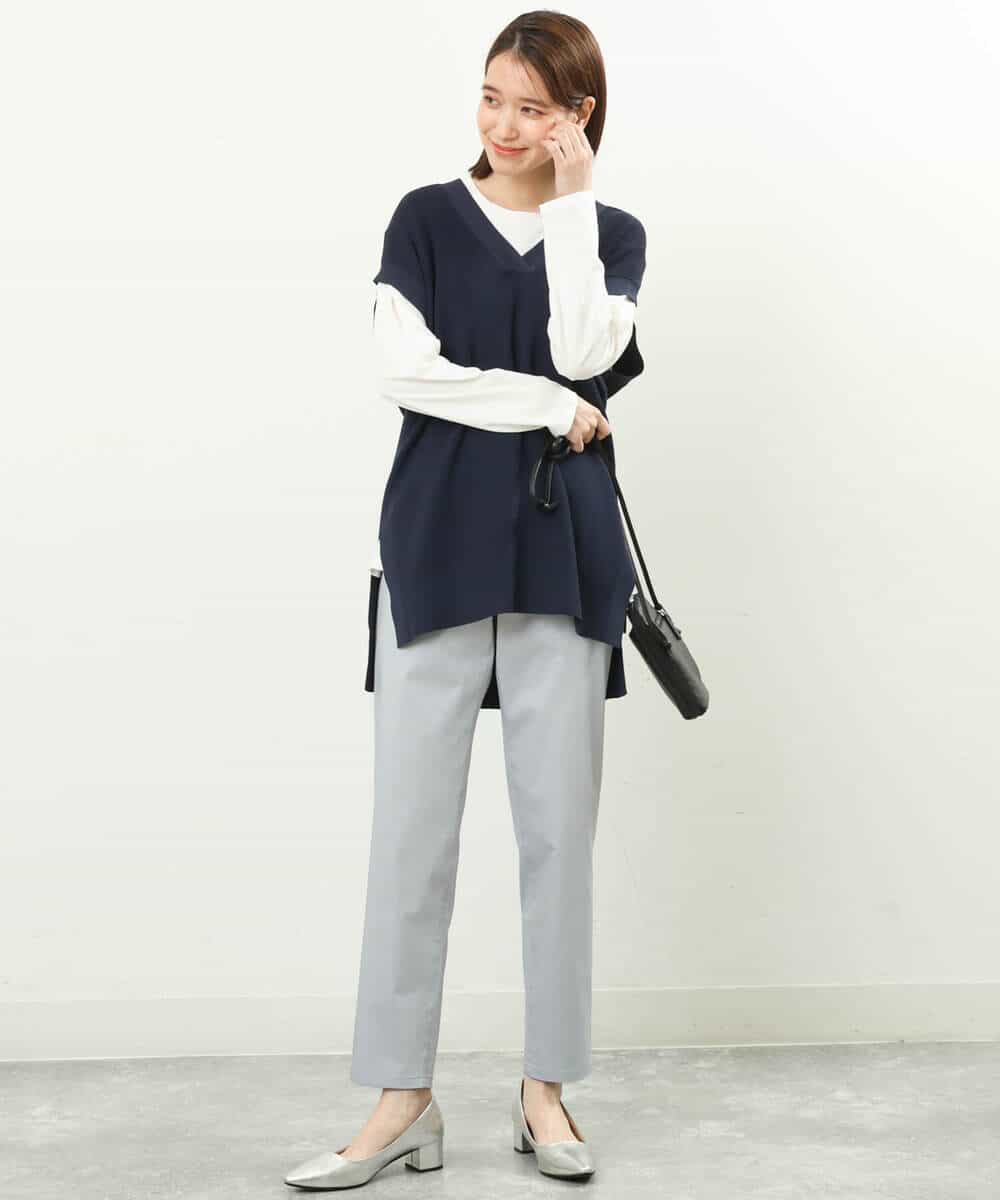 FKLFS20130 MK MICHEL KLEIN(MK ミッシェルクラン) サテン地細身ストレートパンツ/洗える ブルーグレー