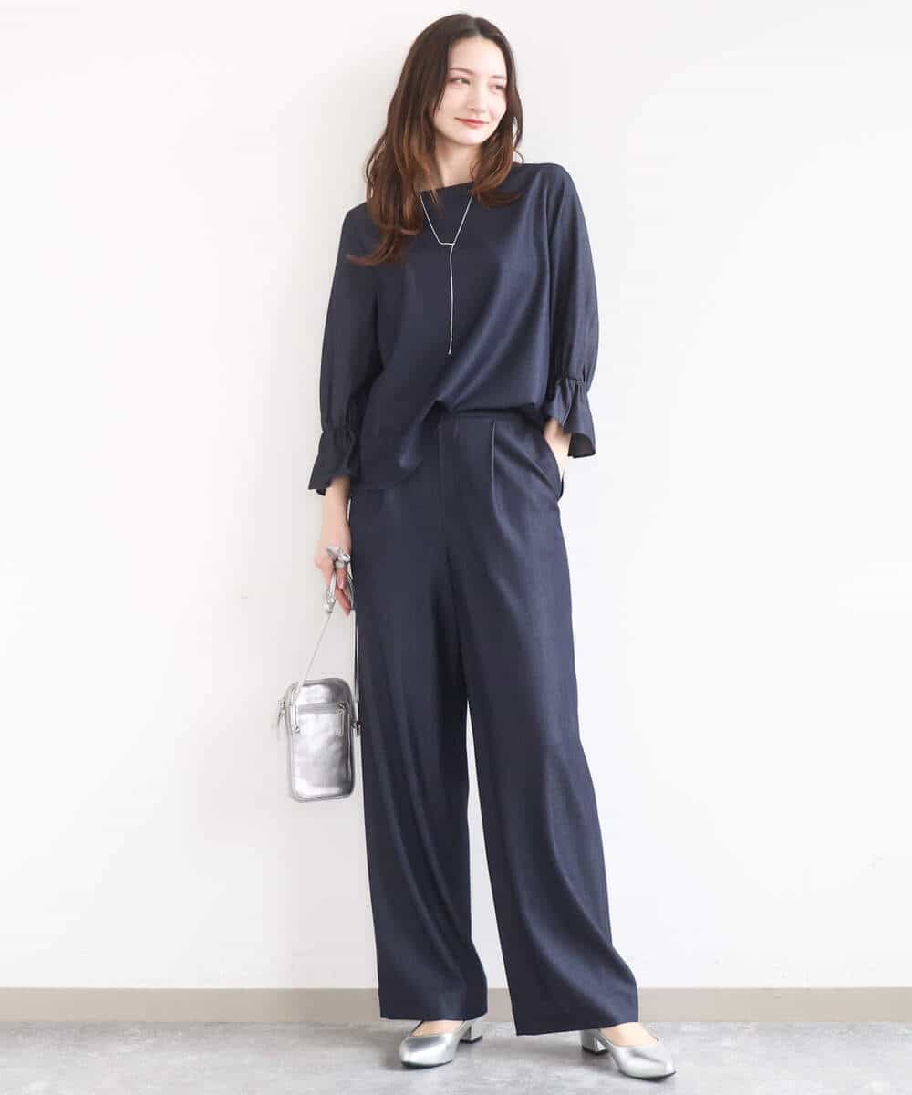 FKLGD30160 MK MICHEL KLEIN(MK ミッシェルクラン) [SANAGARAシリーズ]デニムライク ワイドパンツ/接触冷感/UVカット/洗える ネイビー