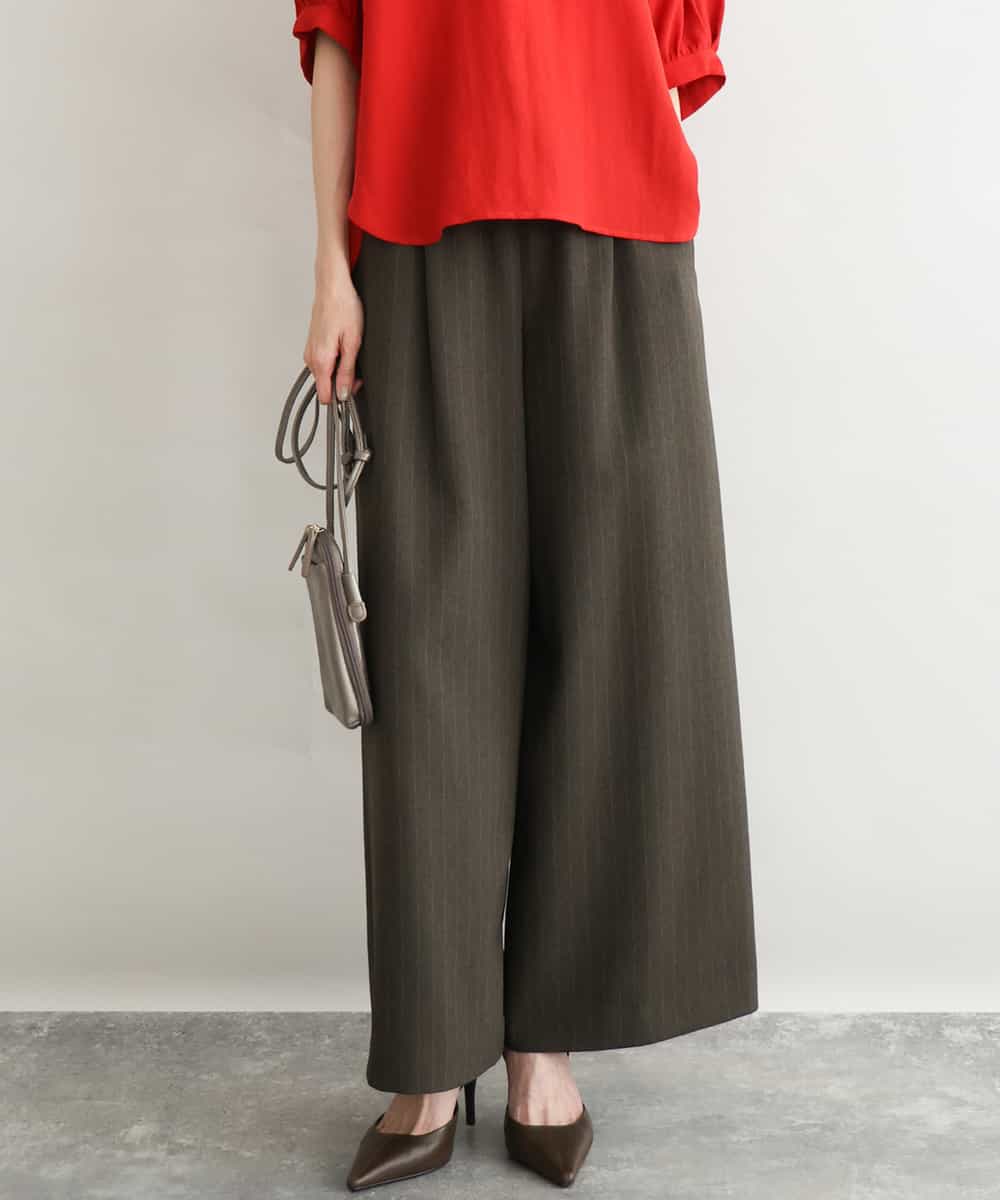 FKLGD55160 MK MICHEL KLEIN(MK ミッシェルクラン) [UVカット/防シワ/抗ピリング/洗える]ピンストライプ柄プルオンワイドパンツ ブラウン