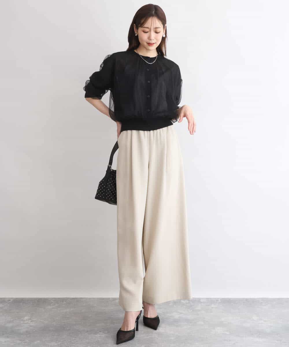 FKLGD55160 MK MICHEL KLEIN(MK ミッシェルクラン) [UVカット/防シワ/抗ピリング/洗える]ピンストライプ柄プルオンワイドパンツ ブラウン