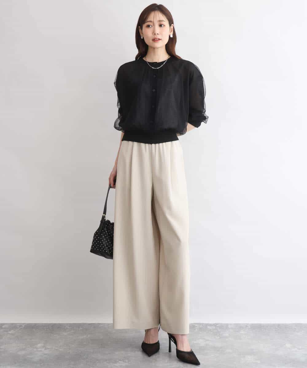 FKLGD55160 MK MICHEL KLEIN(MK ミッシェルクラン) [UVカット/防シワ/抗ピリング/洗える]ピンストライプ柄プルオンワイドパンツ ブラウン